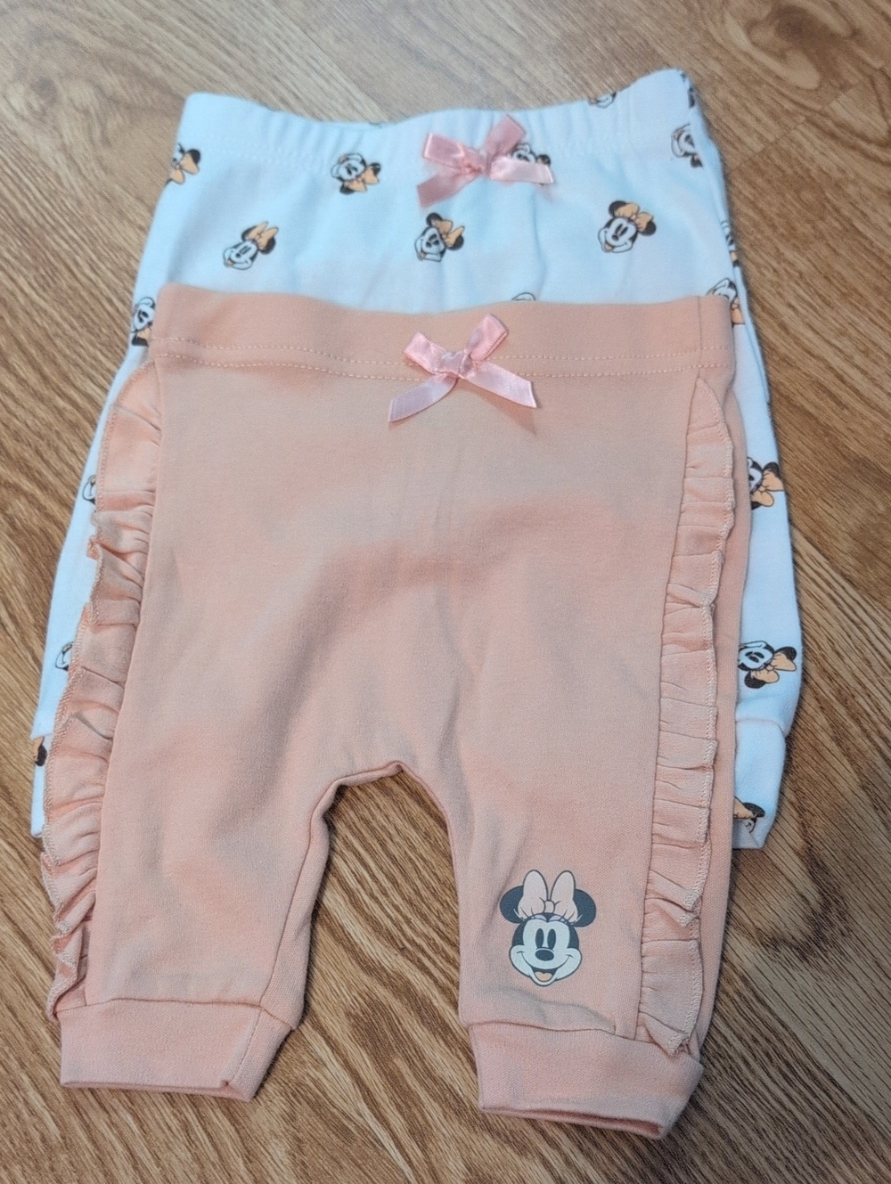 NWOT Disney Baby Girls Peach and White Minnie Mouse Ruffle Joggers - 2-Pack